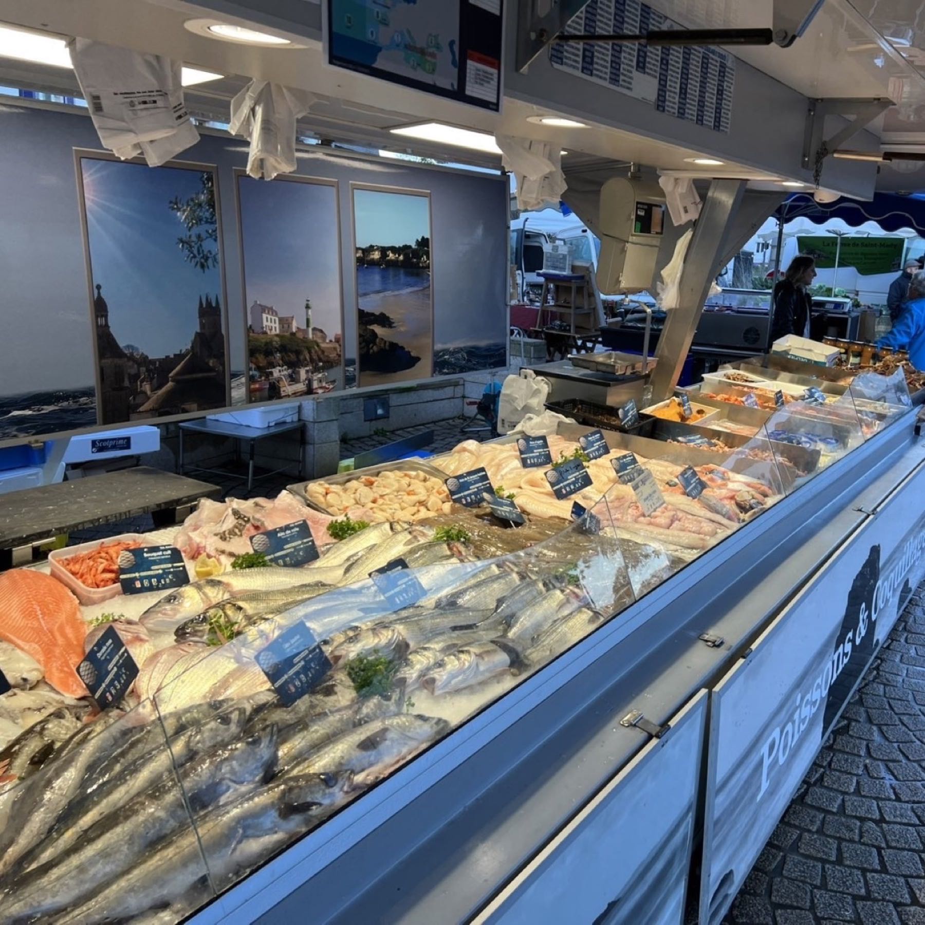 L’étal installé sur le marché, poissons et coquillages sur glace